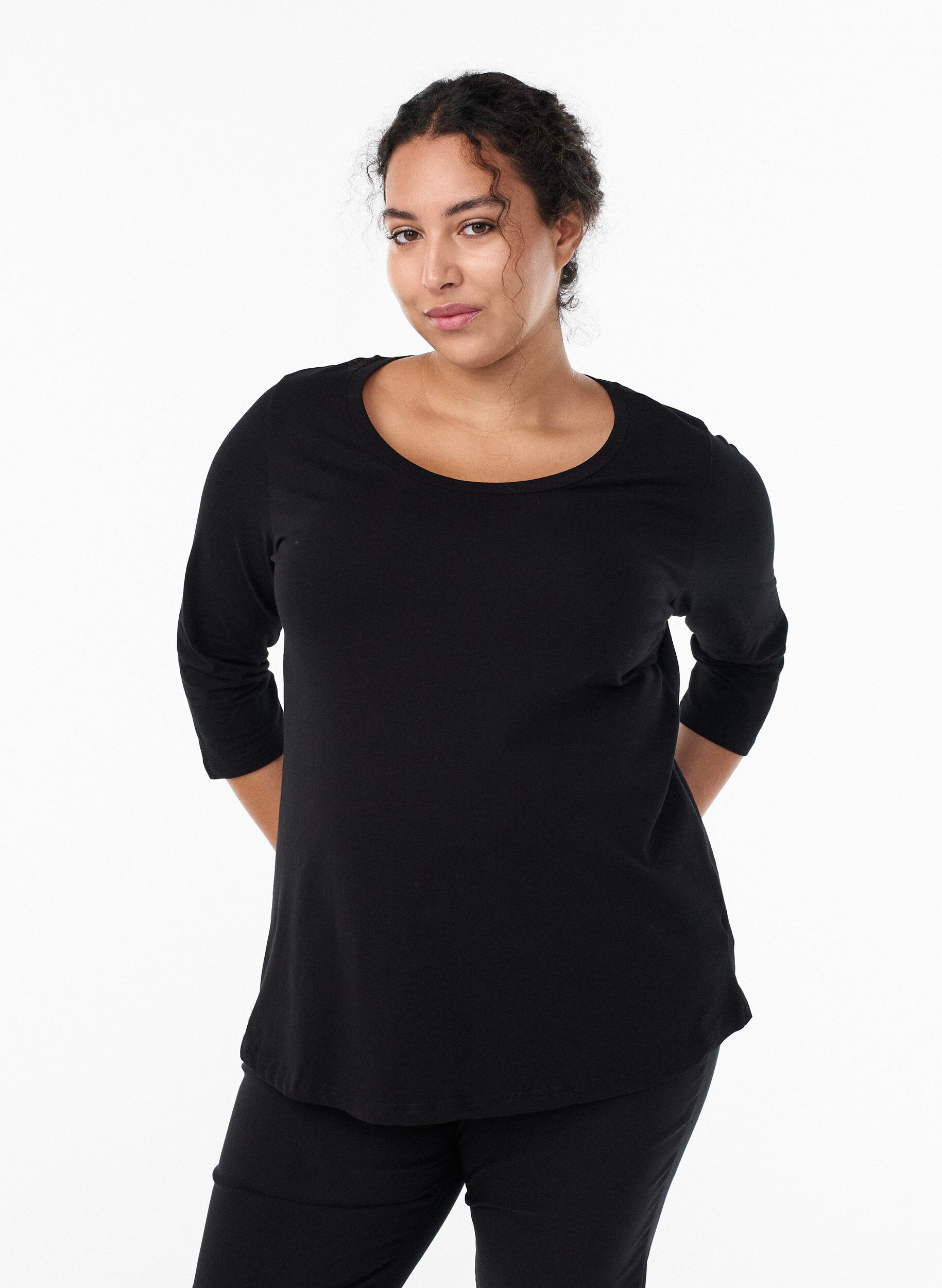 Basis bomulds t-shirt med 3/4 &aelig;rmer, Sort, Model