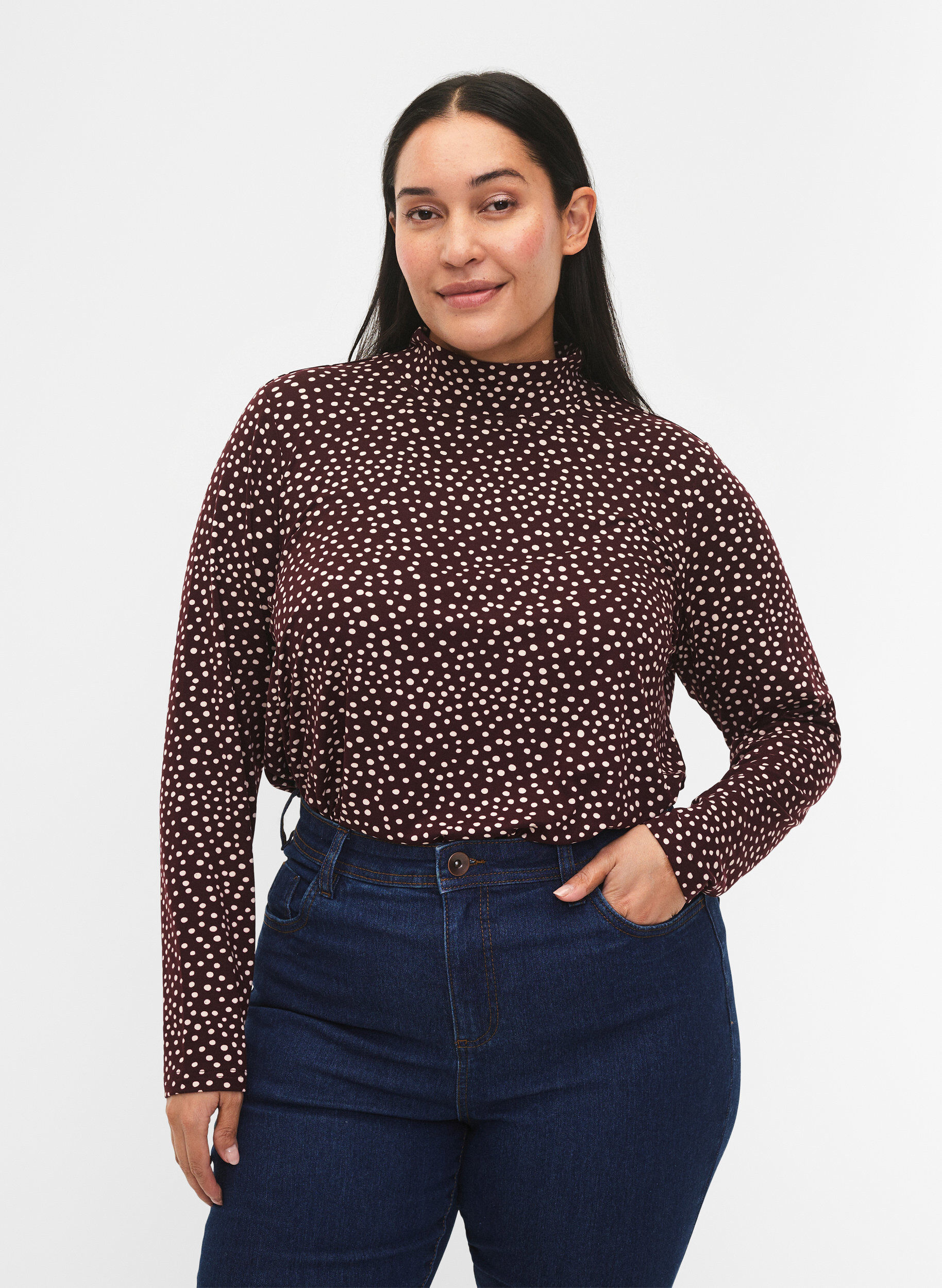 Zizzi FLASH - Lang&aelig;rmet bluse med turtleneck, M&oslash;rk Bordeaux, Model image number 0