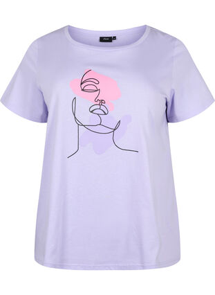 Bomulds t-shirt med rund hals og tryk, Lavender FACE, Packshot image number 0