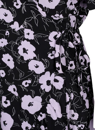 Wrapkjole med prikker og korte ærmer, Black Flower AOP, Packshot image number 3