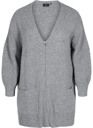 Lang strikket cardigan med lynlås og lommer, Medium Grey Melange, Packshot image number 0