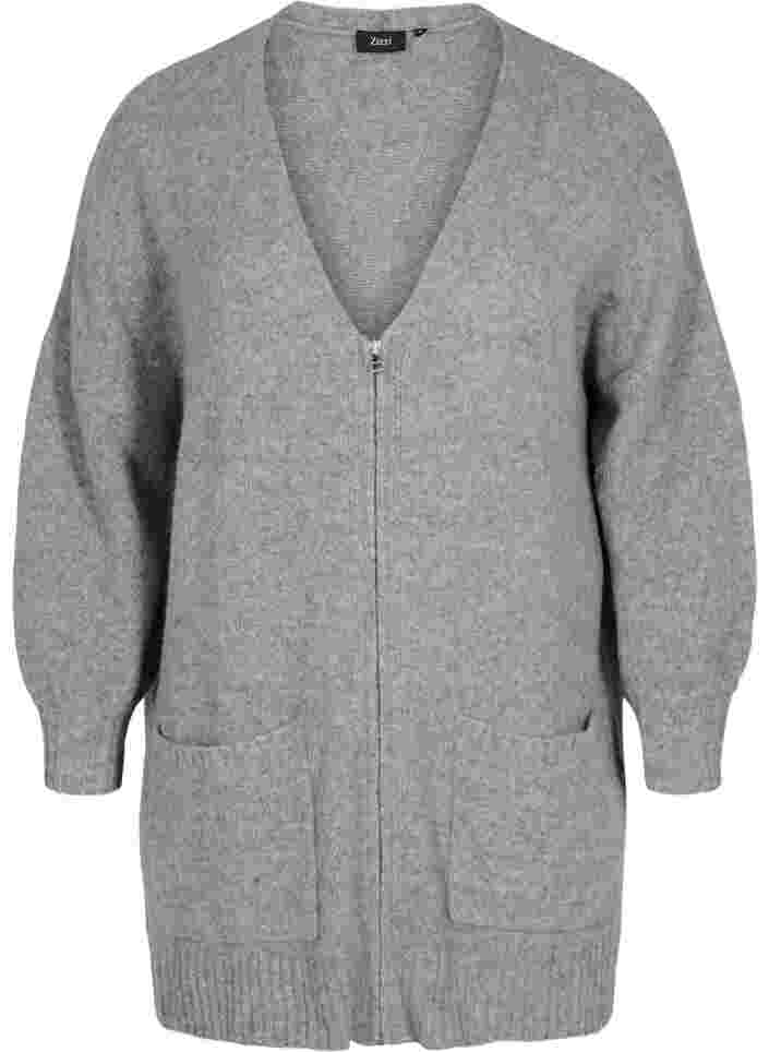 Lang strikket cardigan med lynlås og lommer, Medium Grey Melange