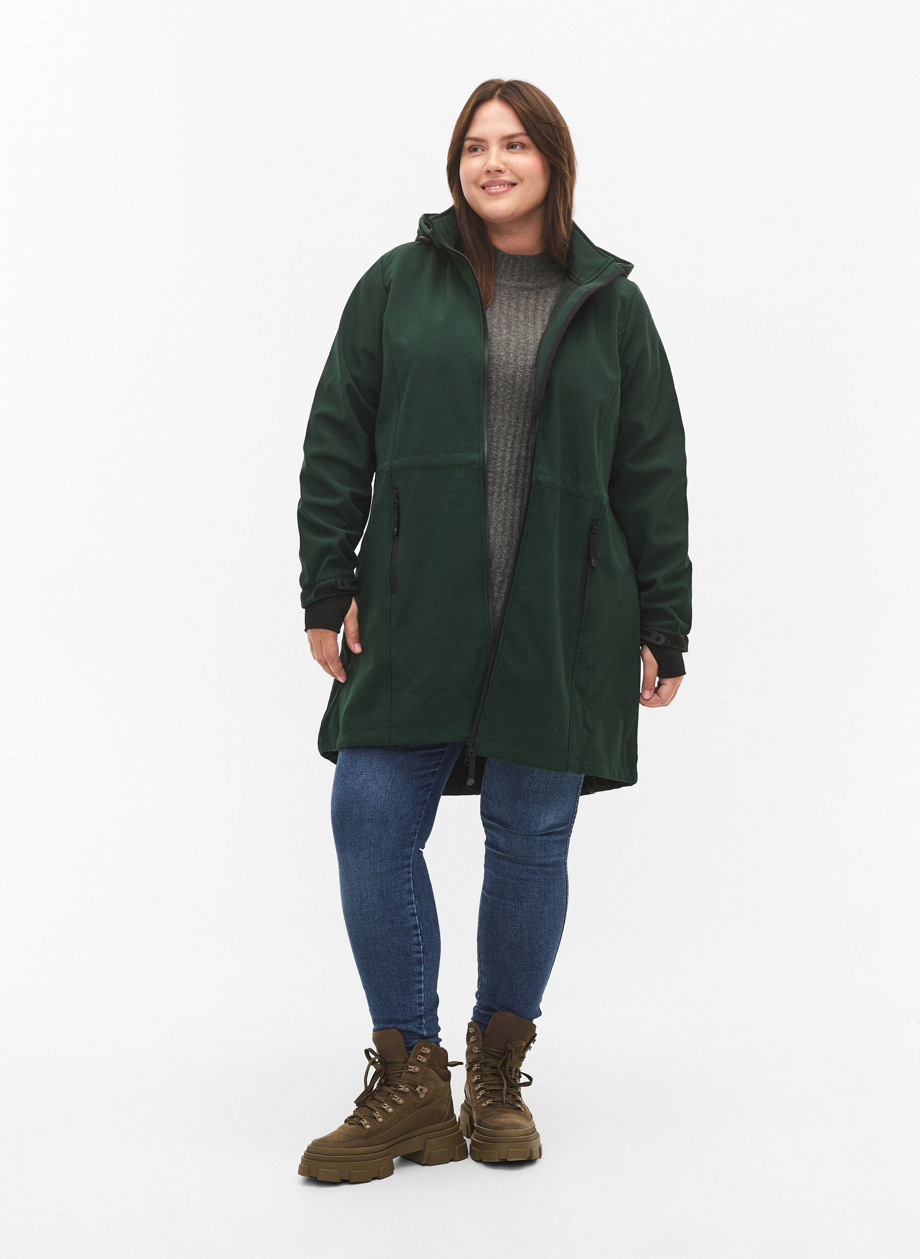 Zizzi Softshell jakke med aftagelig h&aelig;tte, Gr&oslash;n, Model image number 1