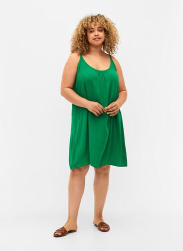 Ensfarvet strop kjole i viskose, Jolly Green, Model image number 0