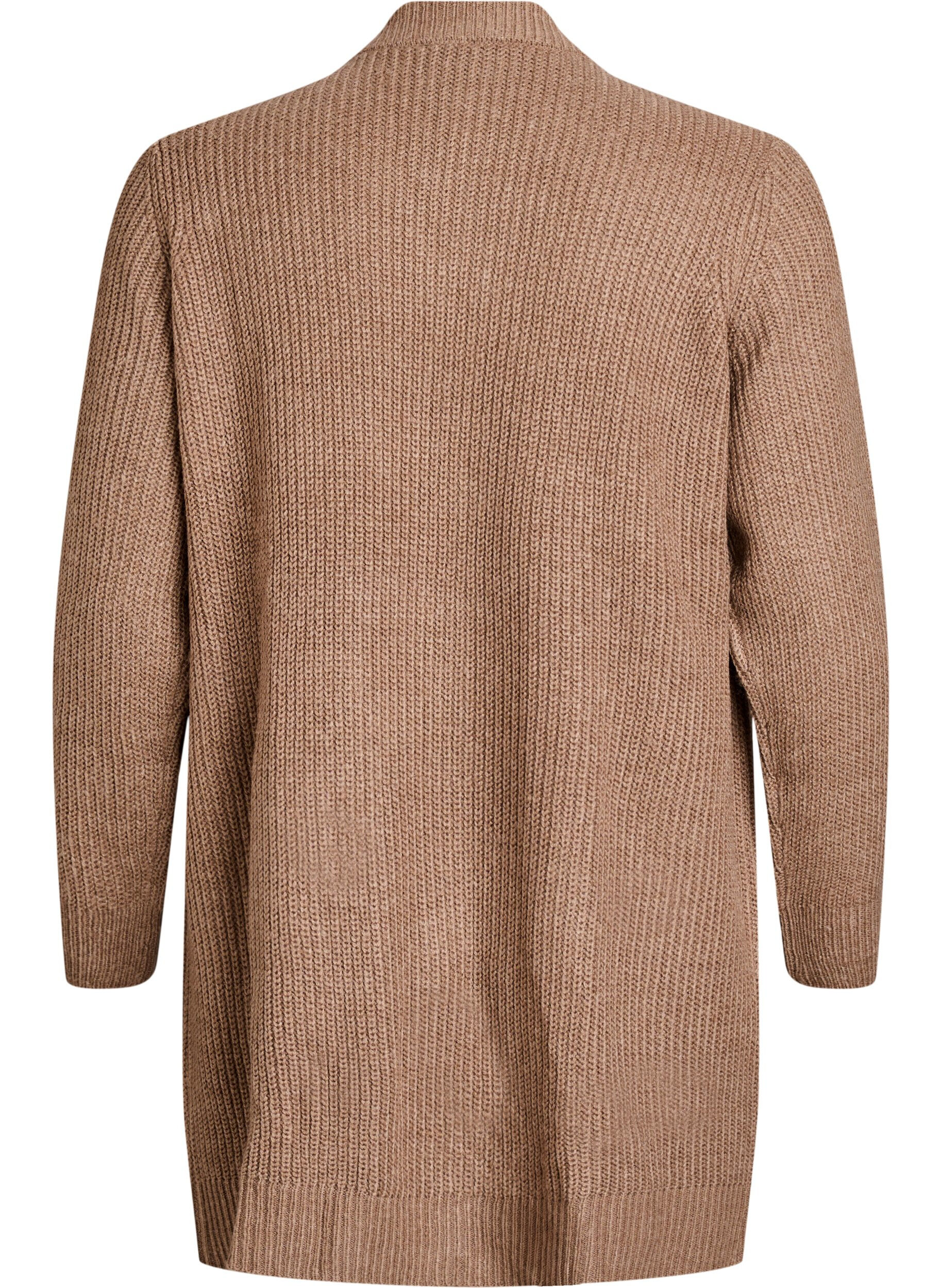 Zizzi FLASH - Lang ribstrikket cardigan med lommer, Brun, Packshot image number 1