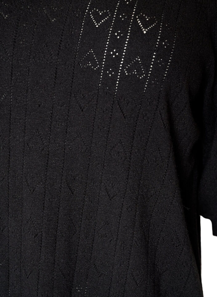 Kort&aelig;rmet strikbluse med pointellem&oslash;nster, Sort, Packshot image number 2