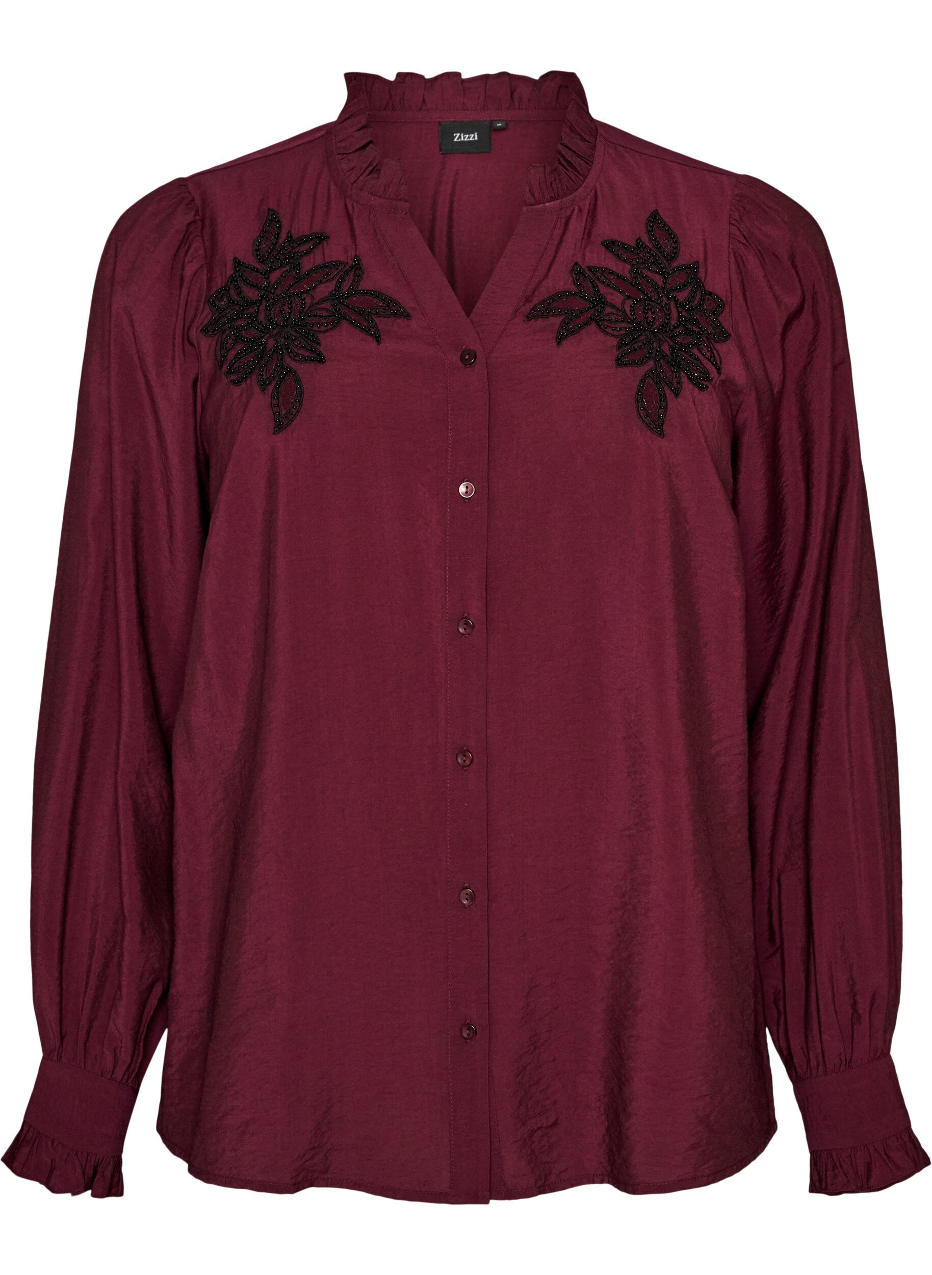 ZizziSkjortebluse med broderede blomsterapplikationer, R&oslash;d, Packshot image number 0