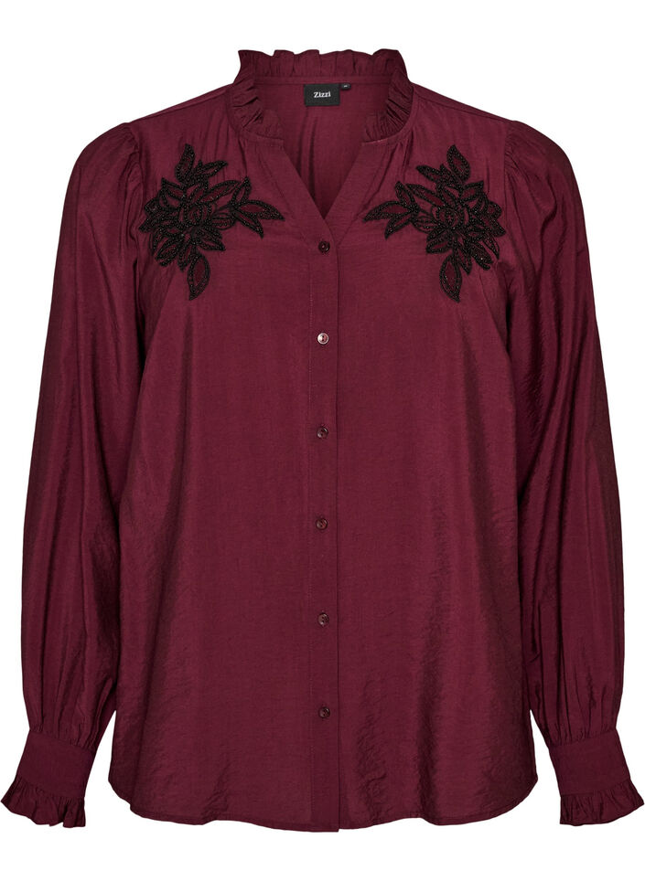 Skjortebluse med broderede blomsterapplikationer, R&oslash;d, Packshot image number 0