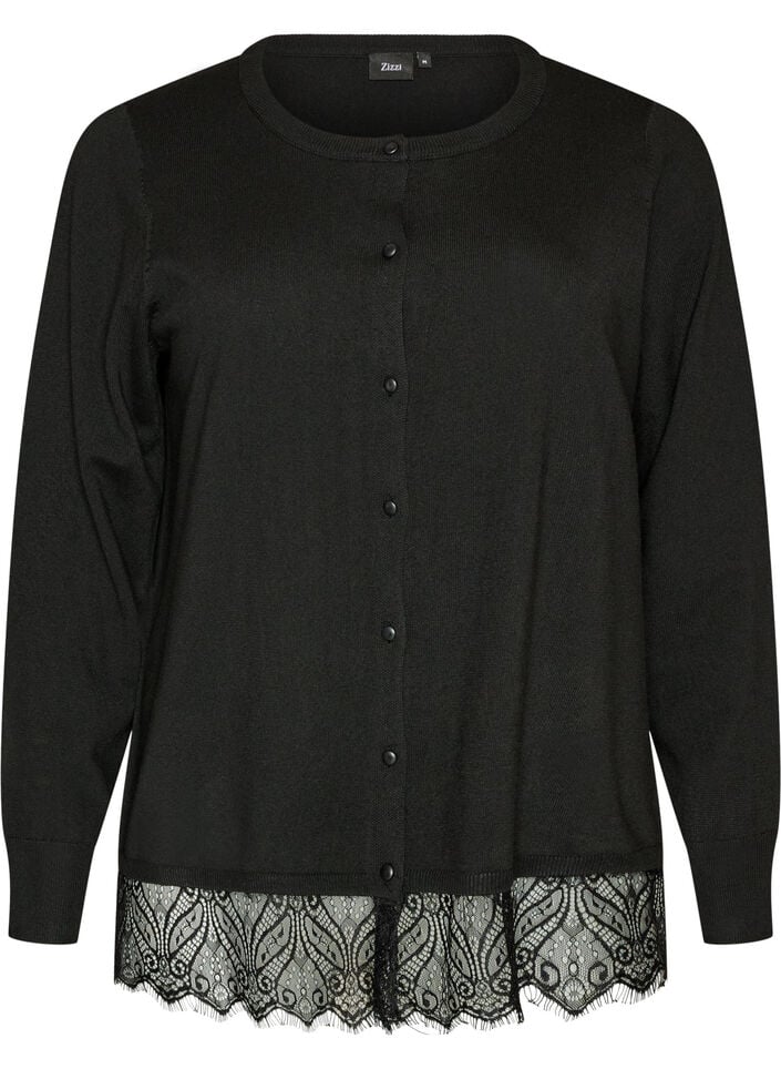 Cardigan med bred blondekant, Sort, Packshot image number 0