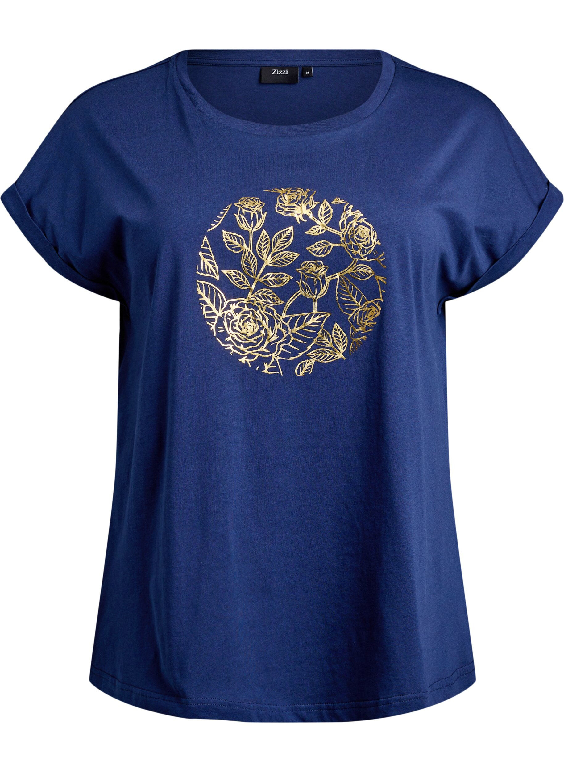 Zizzi T-shirt med guldfarvet blomsterprint, Naval A. Gold Rose, Packshot image number 0