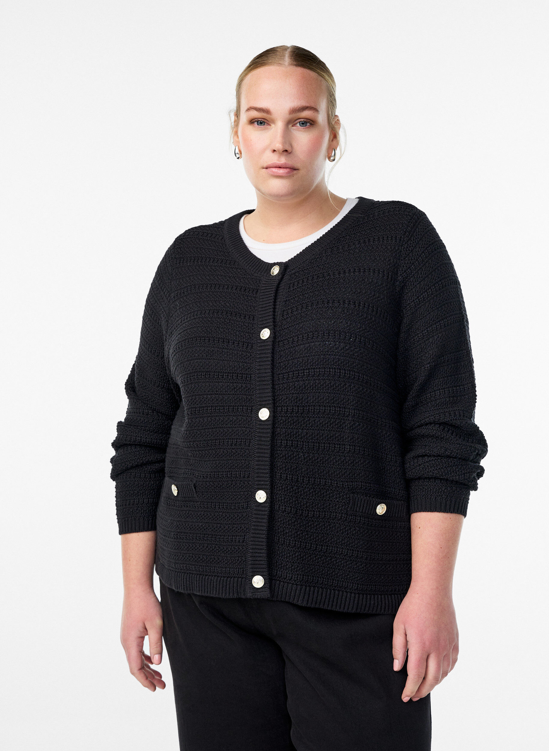 Cardigan med strukturstrik og dekorative knapper, Sort, Model