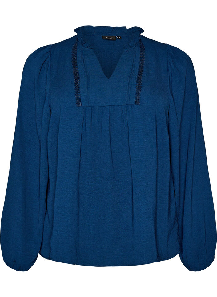 Bluse med V-udsk&aelig;ring og crochetb&aring;nd, Bl&aring;, Packshot image number 0