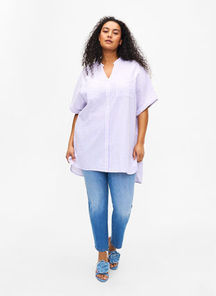 Stribet skjorte med brystlommer, White/LavenderStripe, Model image number 2