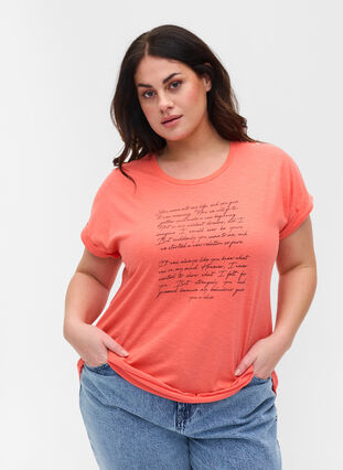 T-shirt med tryk i økologisk bomuld, Living Coral Text, Model image number 0