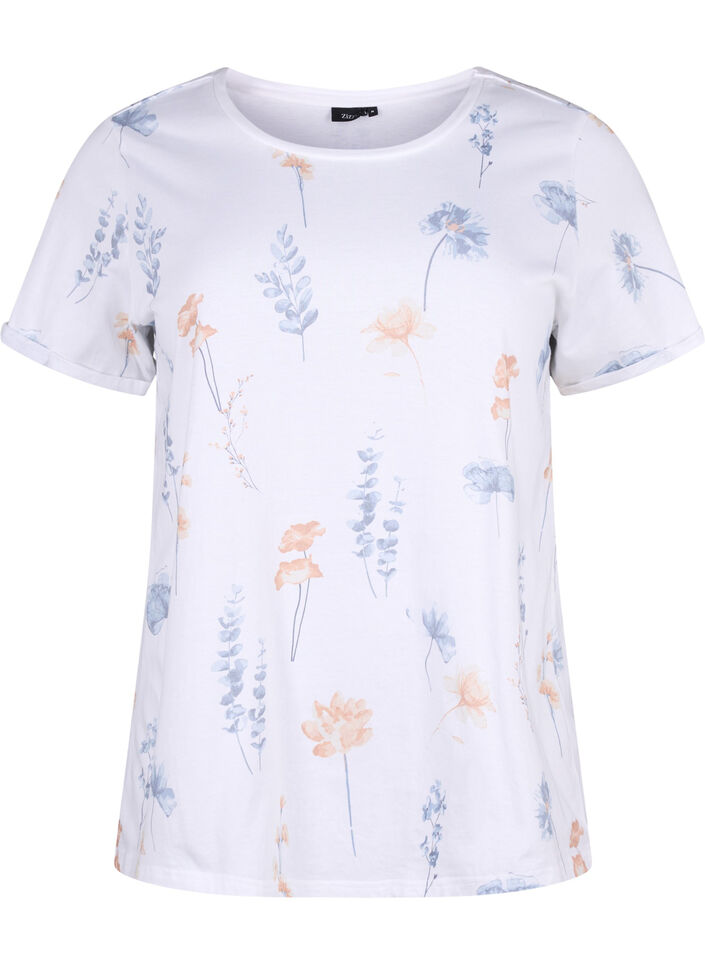 T-shirt i økologisk bomuld med blomsterprint, White W. Blue flower, Packshot image number 0