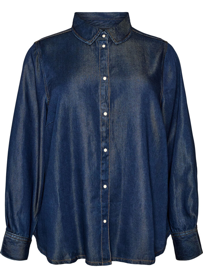 Denimskjorte i lyocell med trykknapper, Bl&aring;, Packshot image number 0