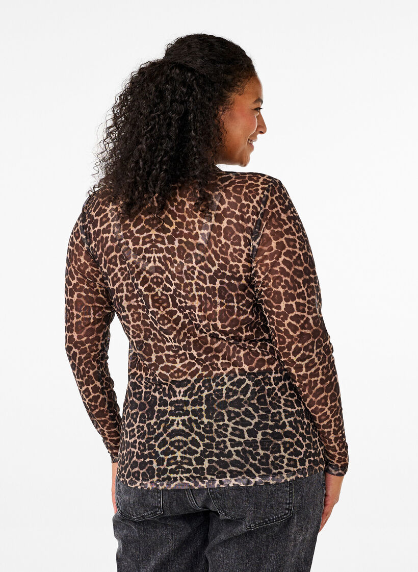 Mesh bluse med leopard mønster, Brun, Model image number 2