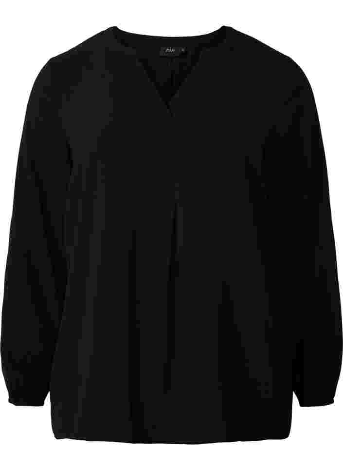 Ensfarvet bluse med v-hals, Black, Packshot image number 0