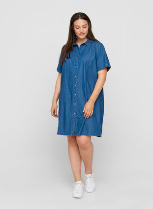 Denim skjortekjole med korte ærmer, Medium Blue denim, Model image number 2