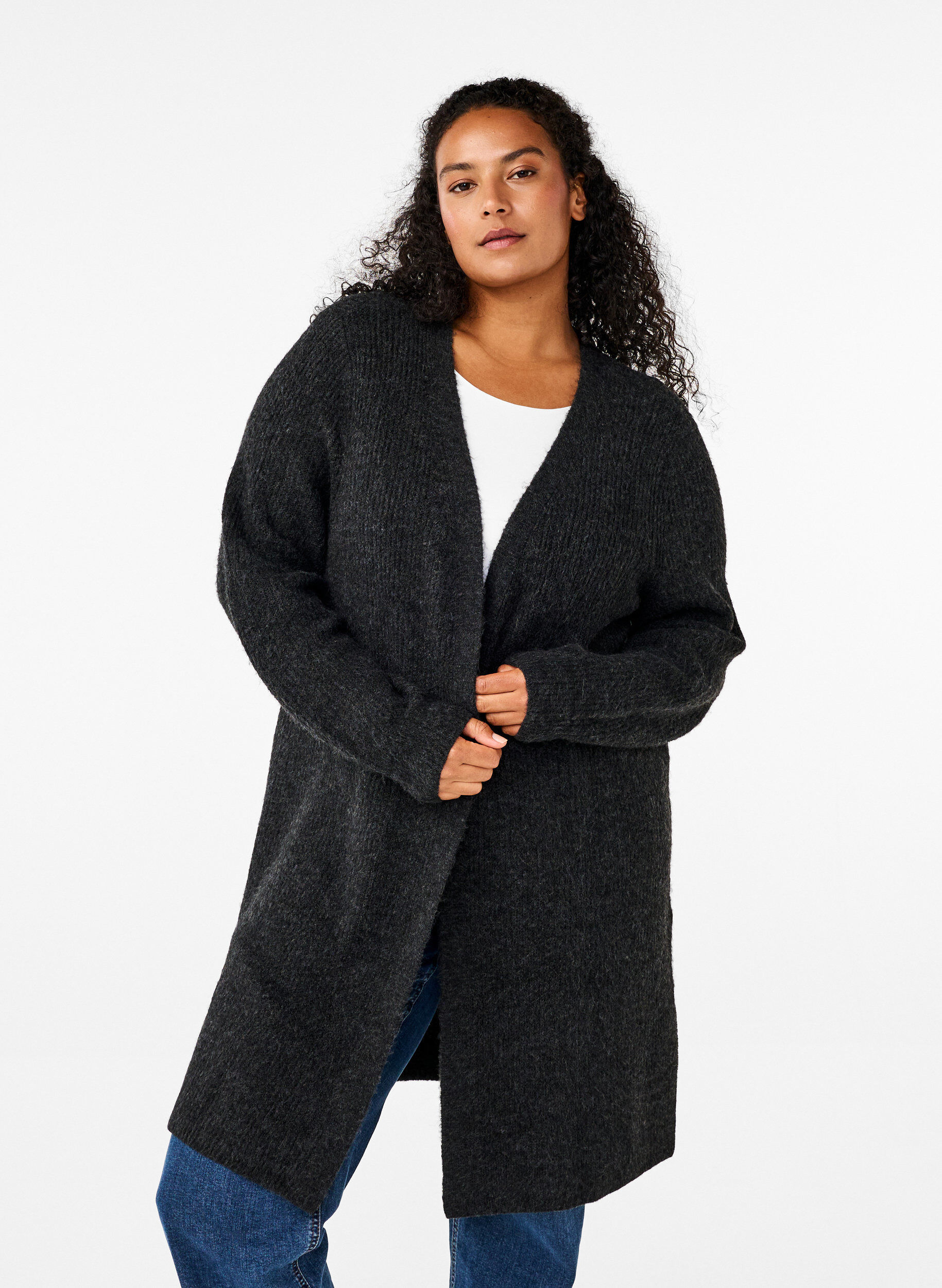 Zizzi FLASH - Ribstrikket cardigan med slidser, Dark Grey Melange, Model image number 0