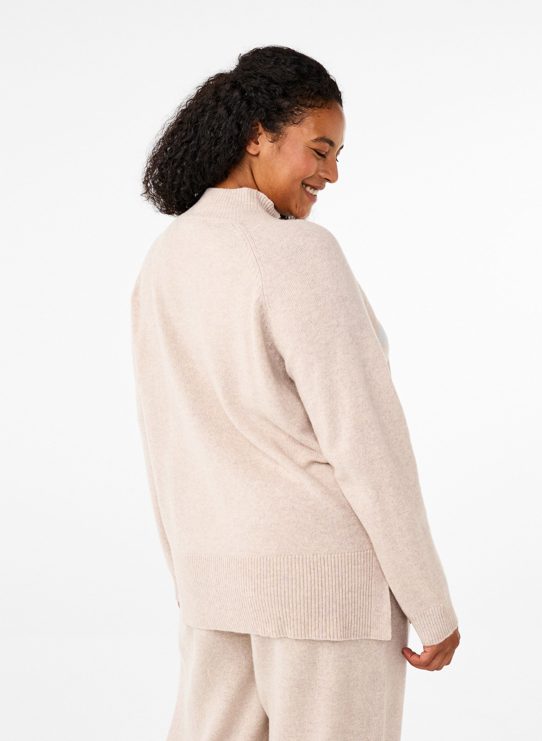 Zizzi Strikbluse i merinould med turtleneck, Pumice Stone Mel., Model image number 1