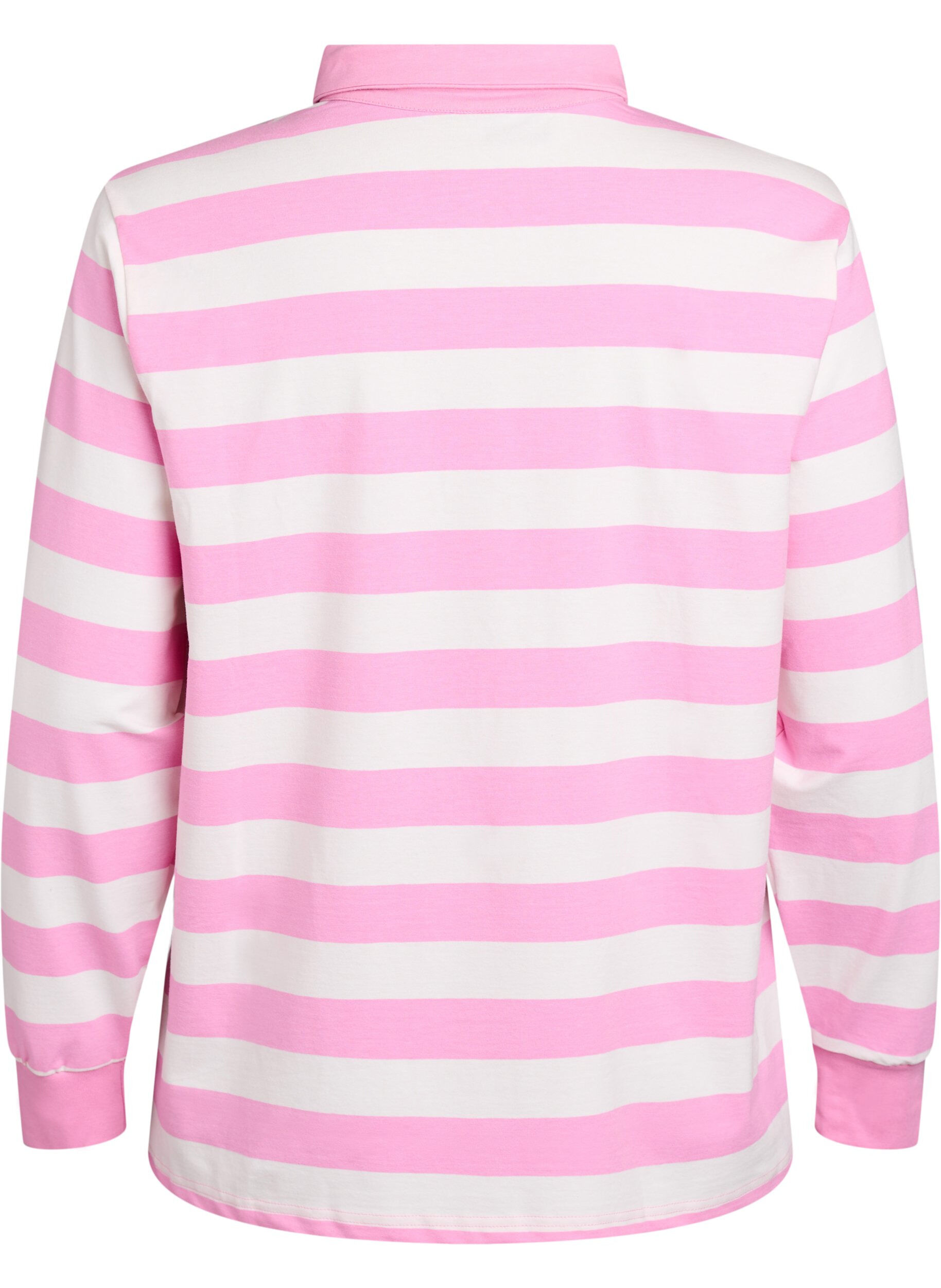 Zizzi Stribet poloshirt med frott&eacute;detalje, Bubblegum w. White, Packshot image number 1