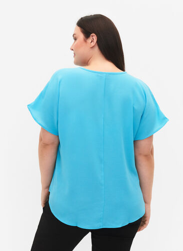 Bluse med korte ærmer og rund halsudskæring, Blue Atoll, Model image number 1