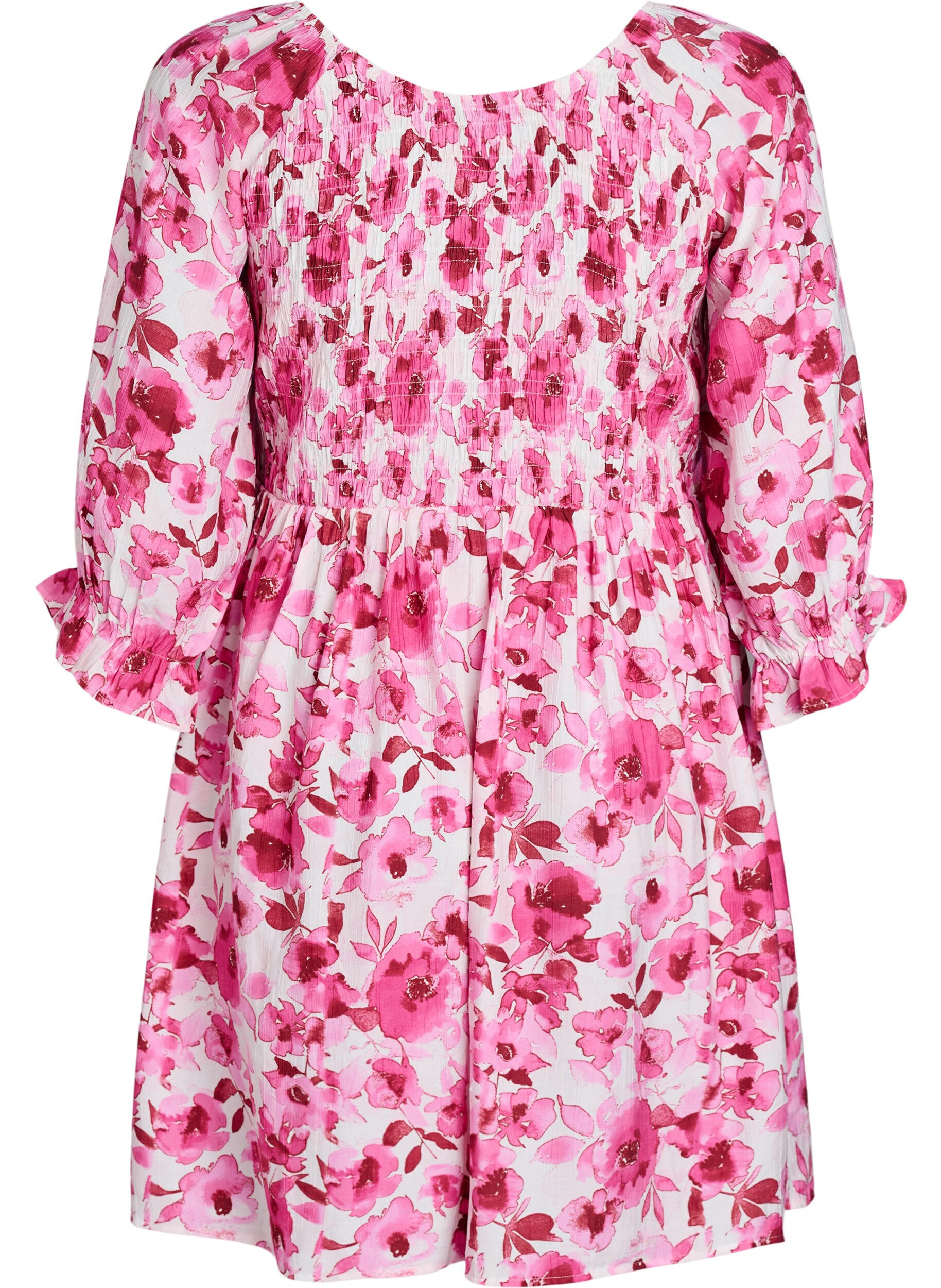Zizzi Kjole med smock og blomsterprint, Lyser&oslash;d, Packshot image number 1