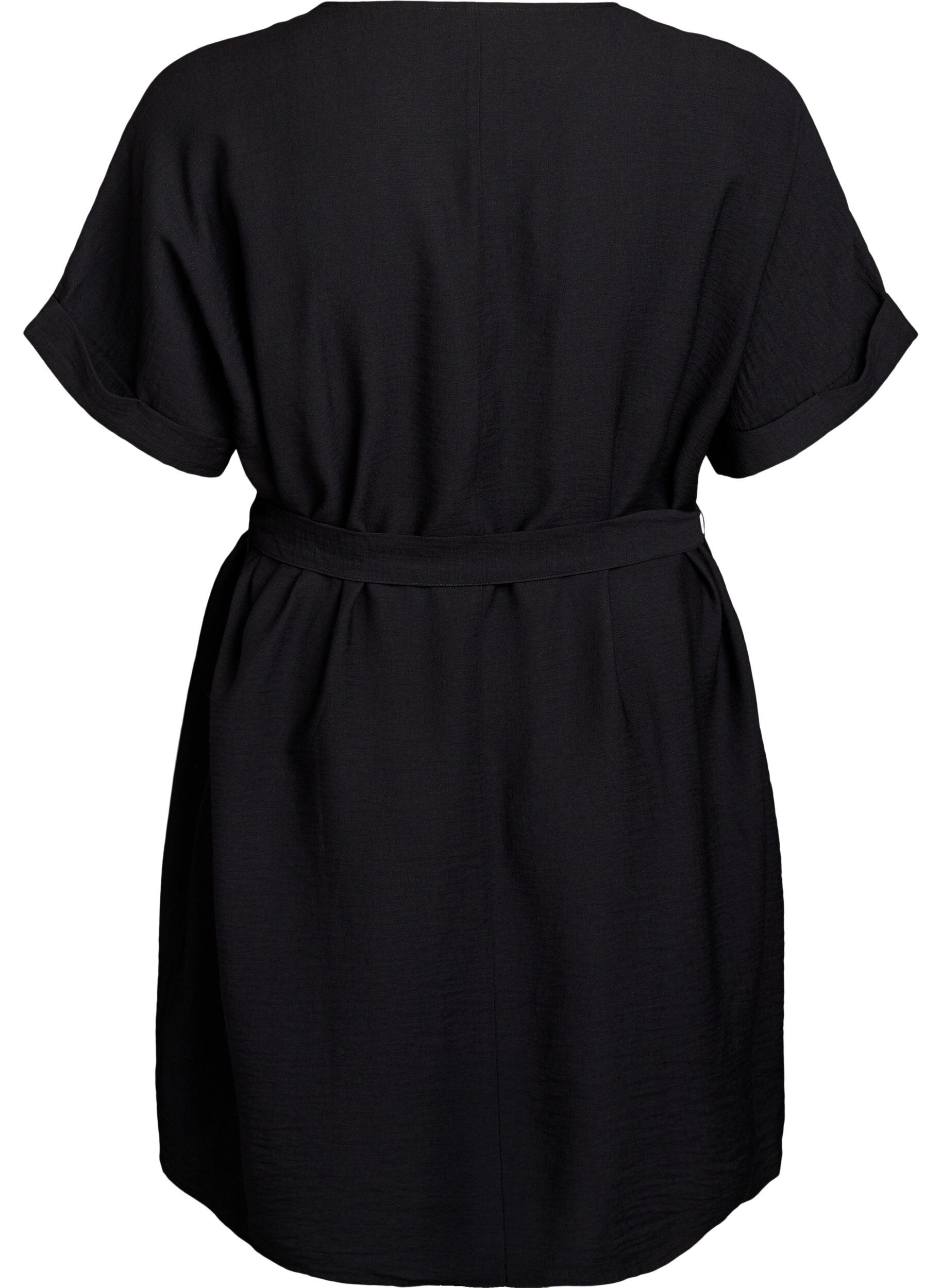 Zizzi Kort kjole med l&oslash;s pasform og bindeb&aelig;lte, Sort, Packshot image number 1