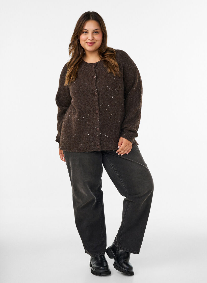 Cardigan med pailletter og knapper, Brun, Model image number 1
