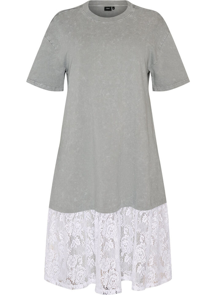 L&oslash;s T-shirtkjole med blondekant, Gr&aring;, Packshot image number 0