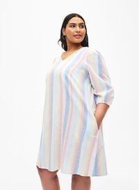 Kort kjole i bomuldsmix med hør, Multi Color Stripe, Model