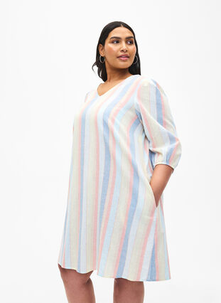 Kort kjole i bomuldsmix med hør, Multi Color Stripe, Model image number 0