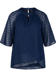 Bluse med 2/4 ærmer i mønstret chiffon, Evening Blue
