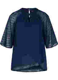 Bluse med 2/4 ærmer i mønstret chiffon, Evening Blue