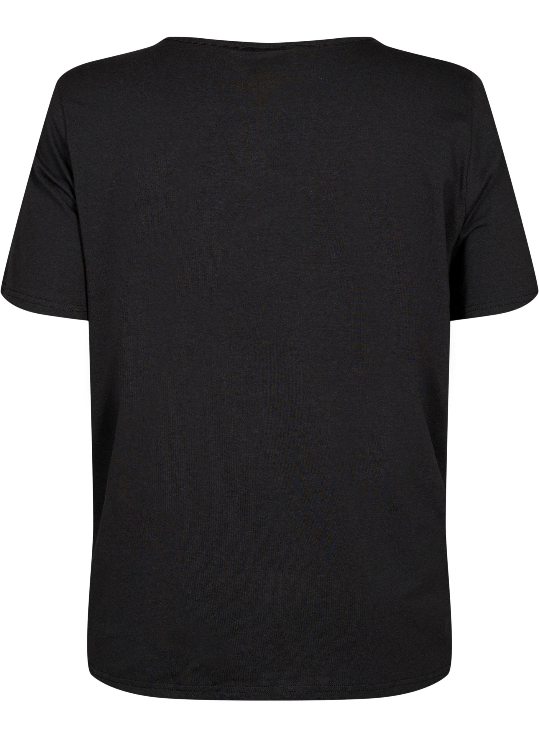 Zizzi T-shirt med v-udsk&aelig;ring og krydsdetalje, Black, Packshot image number 1