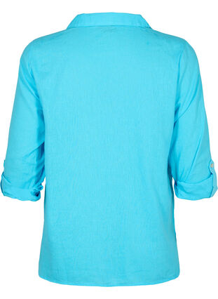 Skjortebluse med knaplukning i bomuldsmix med hør, Blue Atoll, Packshot image number 1