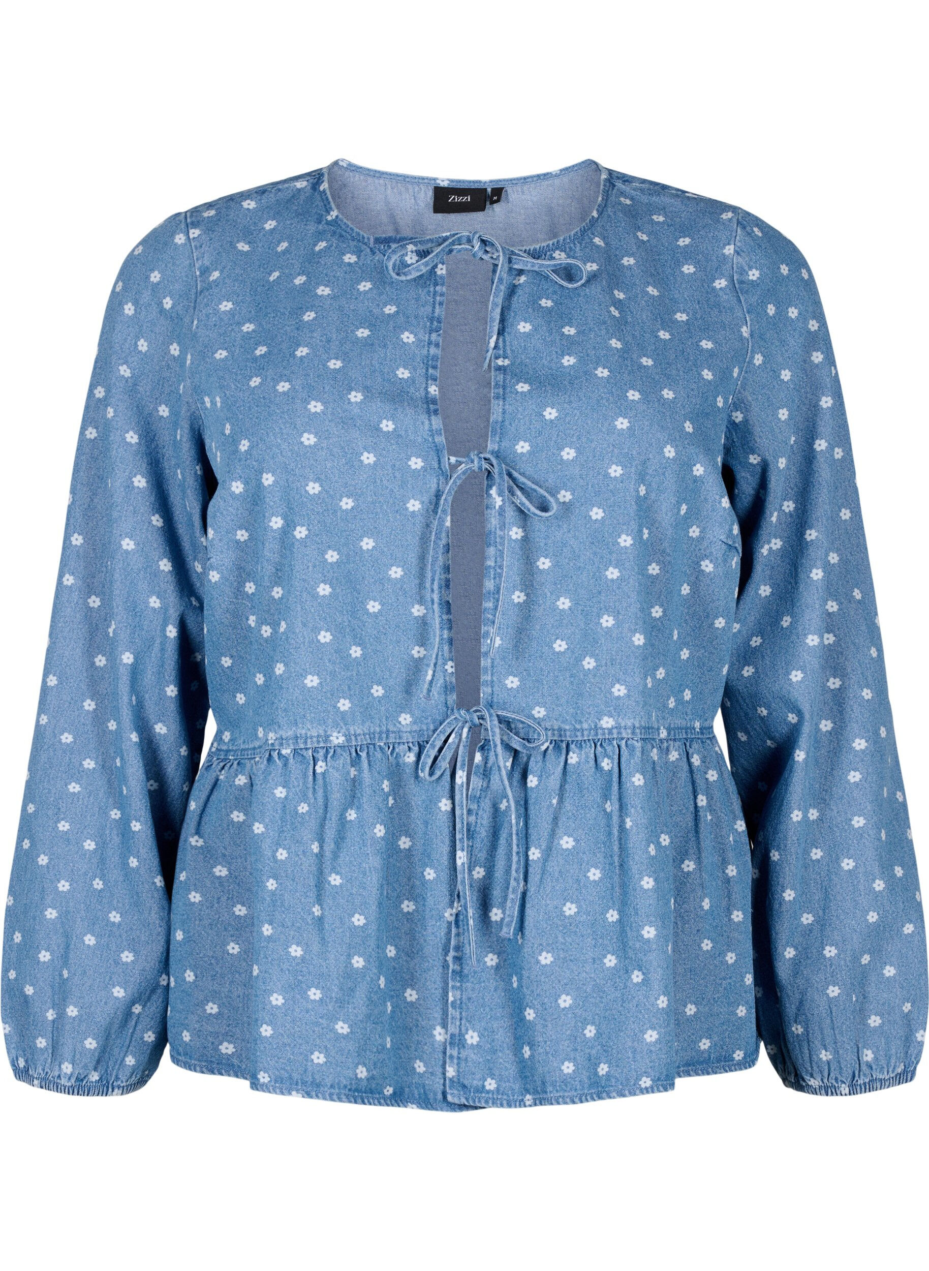 Zizzi Peplum bluse i denim med bindelukning, Light Blue w.Flowers, Packshot image number 0