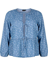 Peplum bluse i denim med bindelukning, Light Blue w.Flowers