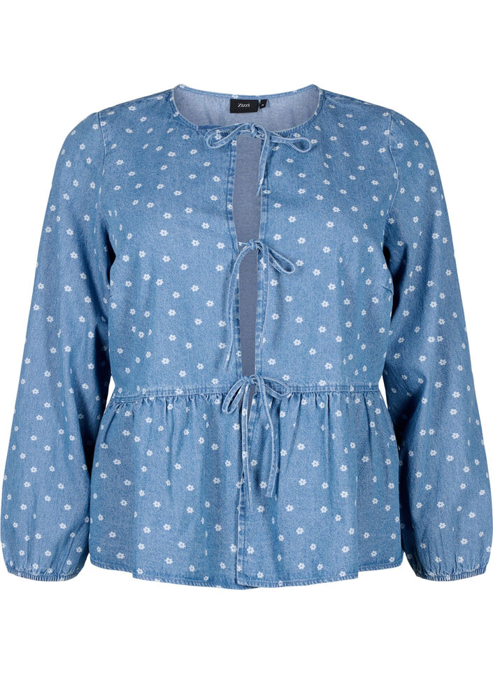 Peplum bluse i denim med bindelukning, Light Blue w.Flowers, Packshot image number 0
