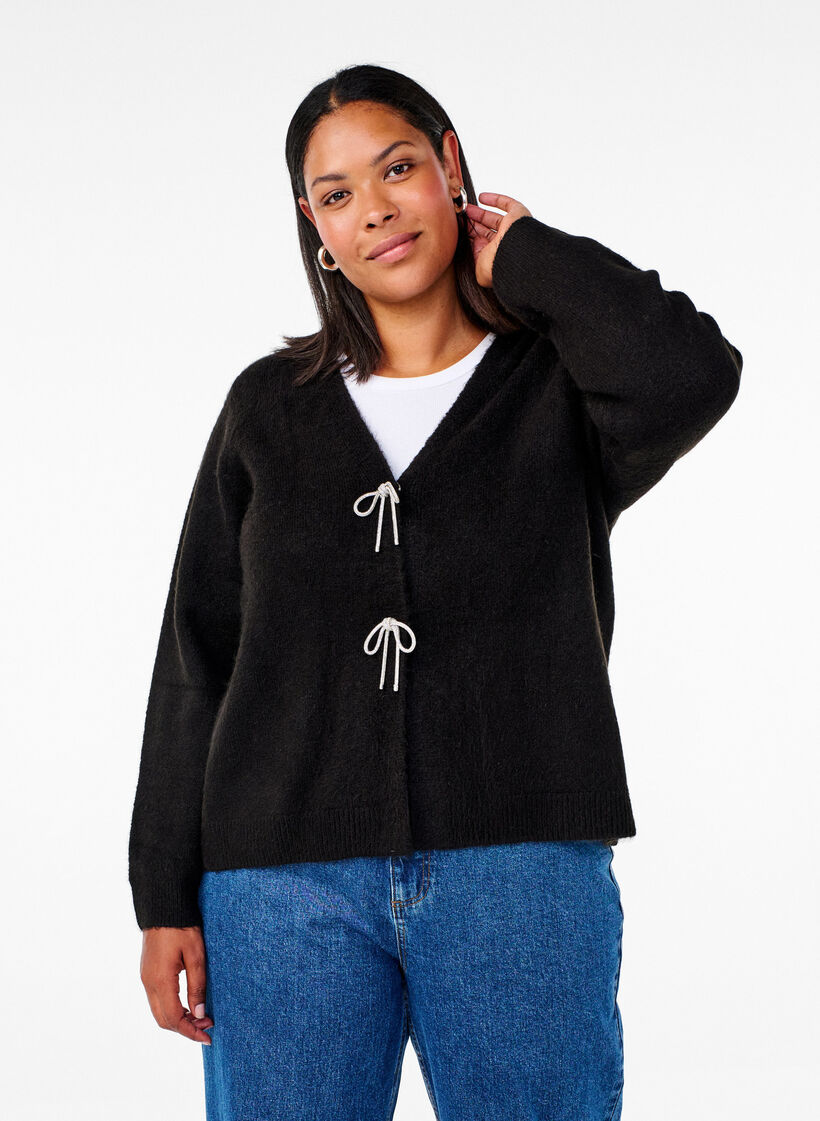 Strikcardigan med sølvsløjfe, Black, Model image number 0