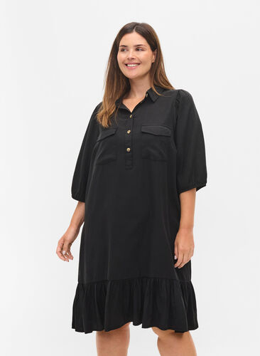 Kjole med flæsekant og 3/4 ærmer, Black, Model image number 0