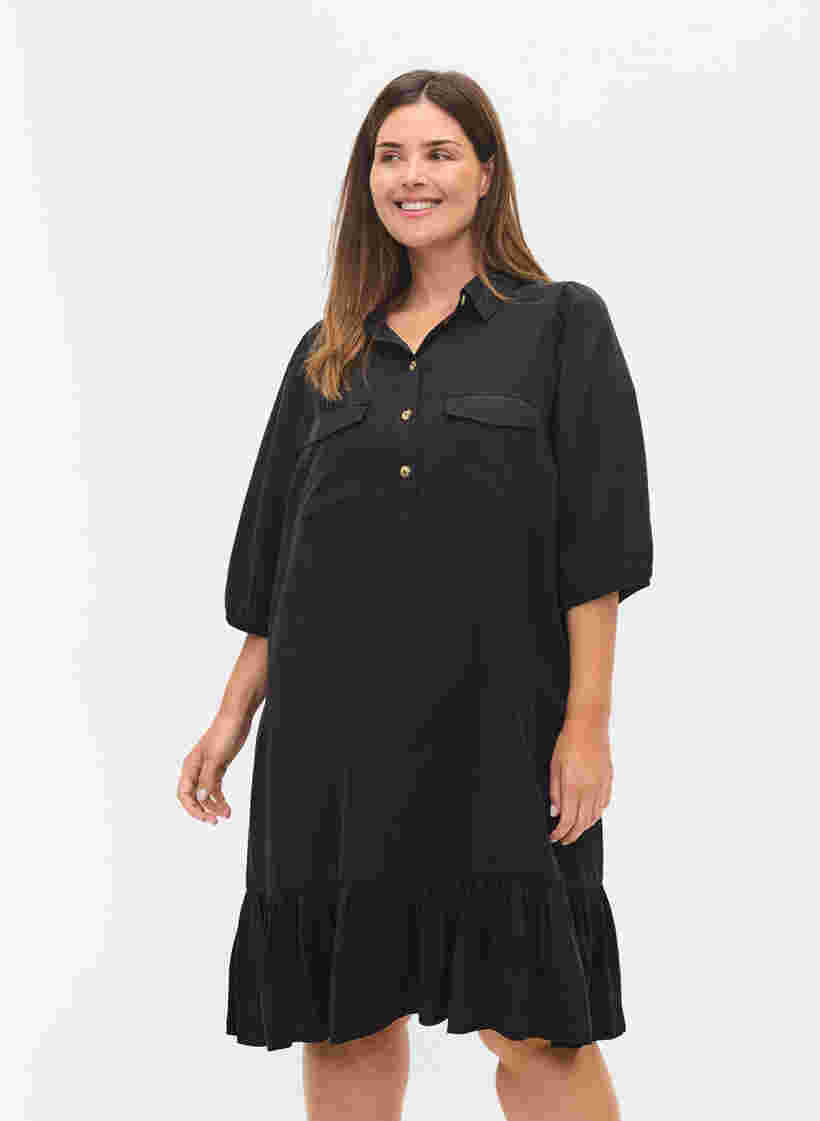 Kjole med flæsekant og 3/4 ærmer, Black, Model