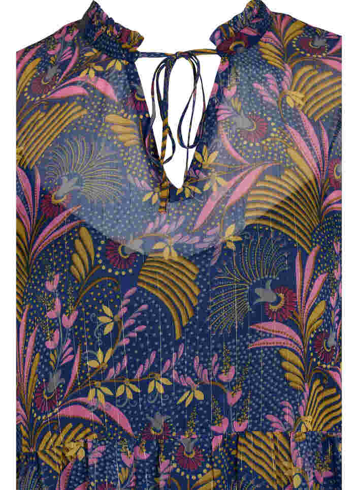 Tunika med blomsterprint og lurex, Blue w. Pink Leaf, Packshot image number 2