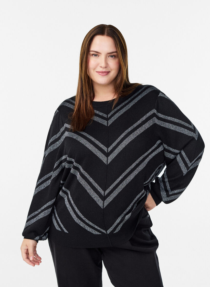 Mønstret strikbluse med glimmereffekt, Sort, Model image number 0