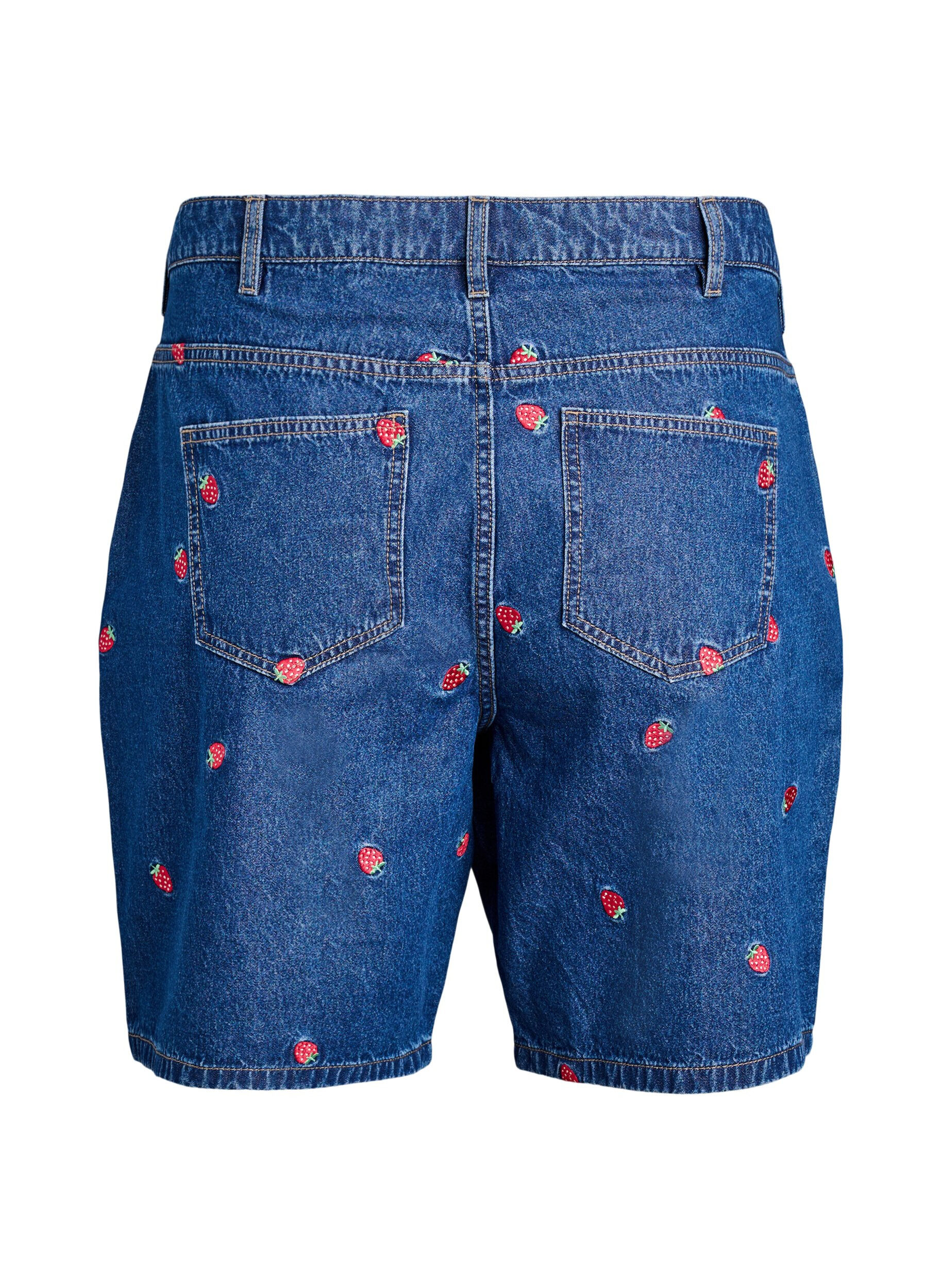 ZizziDenim shorts med broderede jordb&aelig;r, Bl&aring;, Packshot image number 1