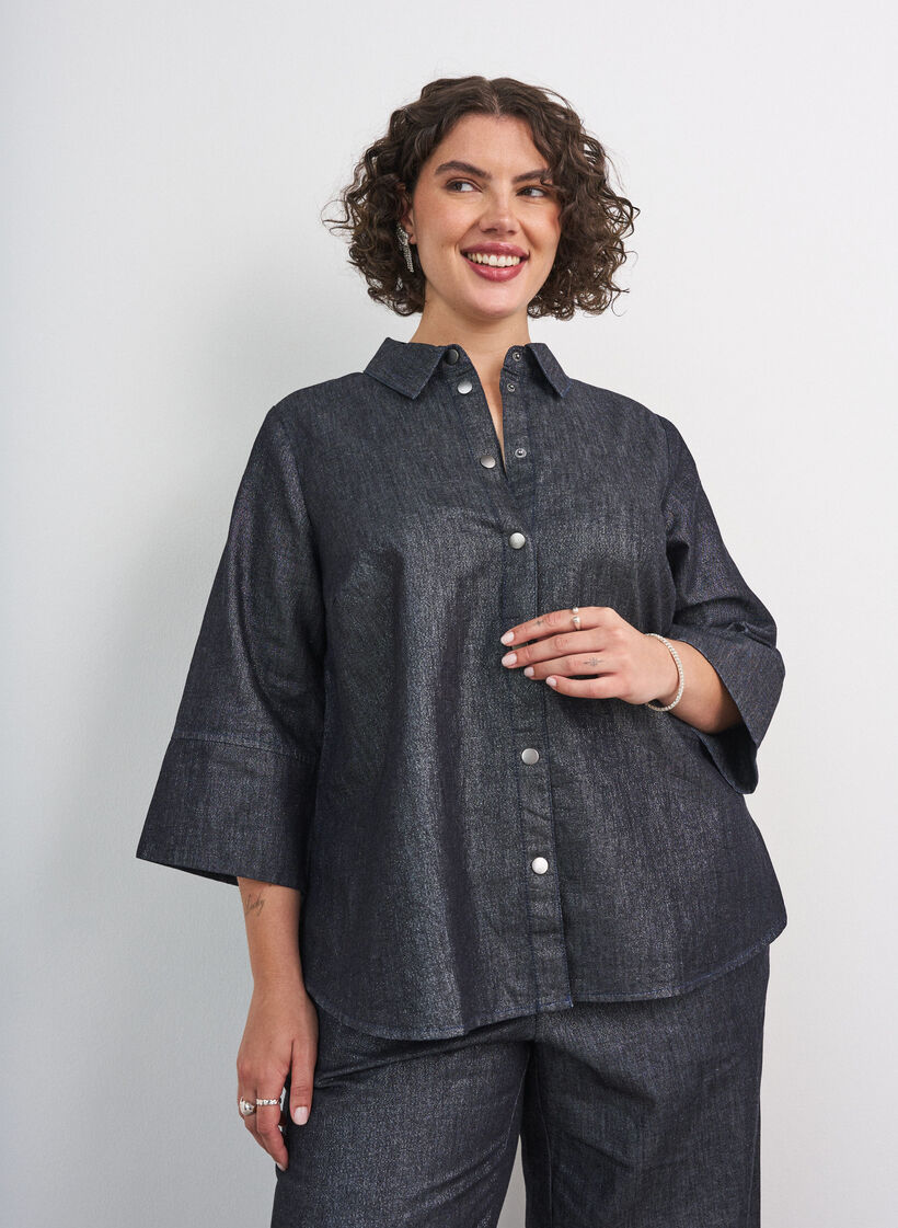 Denimskjorte med glimmertr&aring;d og 3/4-&aelig;rmer, Gr&aring;, Model image number 0