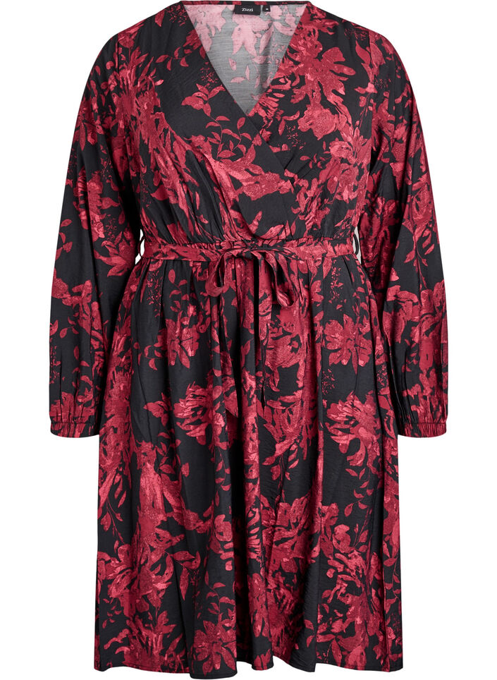 Knælang kjole med bindebælte og wrap-look, Sort, Packshot image number 0