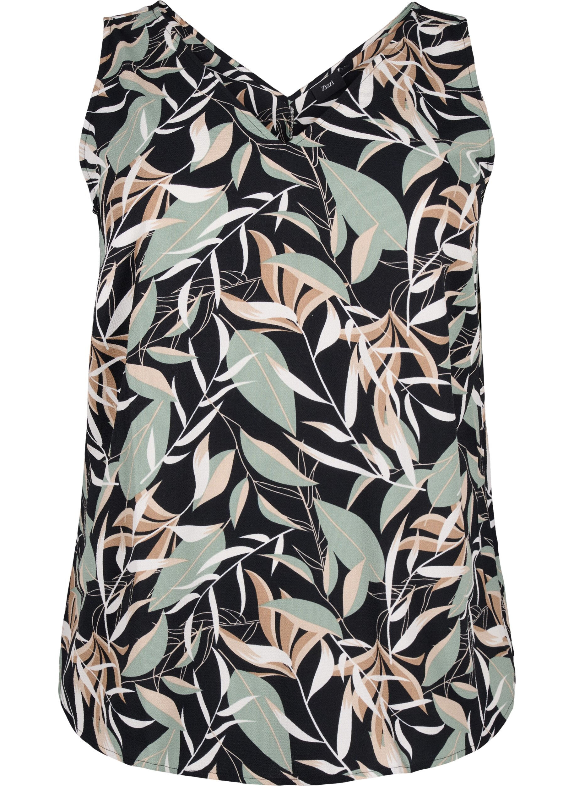 Zizzi Printet top med v-hals , Black w. Gr.Leaf AOP, Packshot image number 0