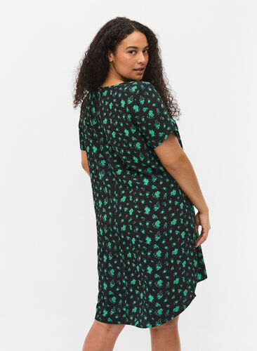 Printet kjole med korte ærmer, Green Flower AOP, Model image number 1